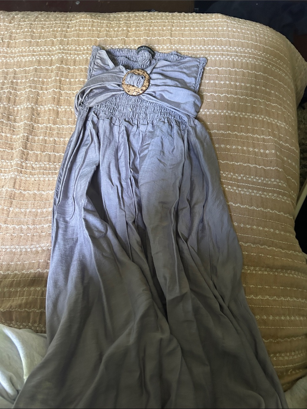 Strapless Gray Maxi Dress with Decorative Buckle Detail